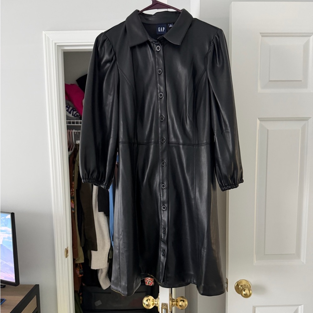 GAP Black Faux Leather Shirt Dress